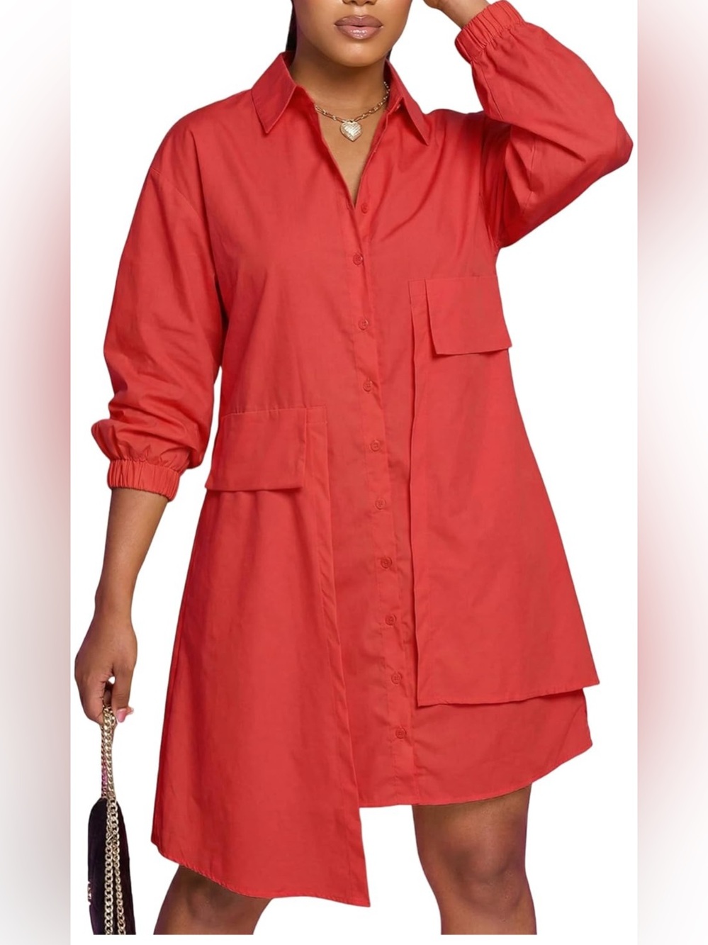 NWT-Med Ekaliy Collar V Neck Button Down Shirt Puff Long Sleeve Loose Midi Dress